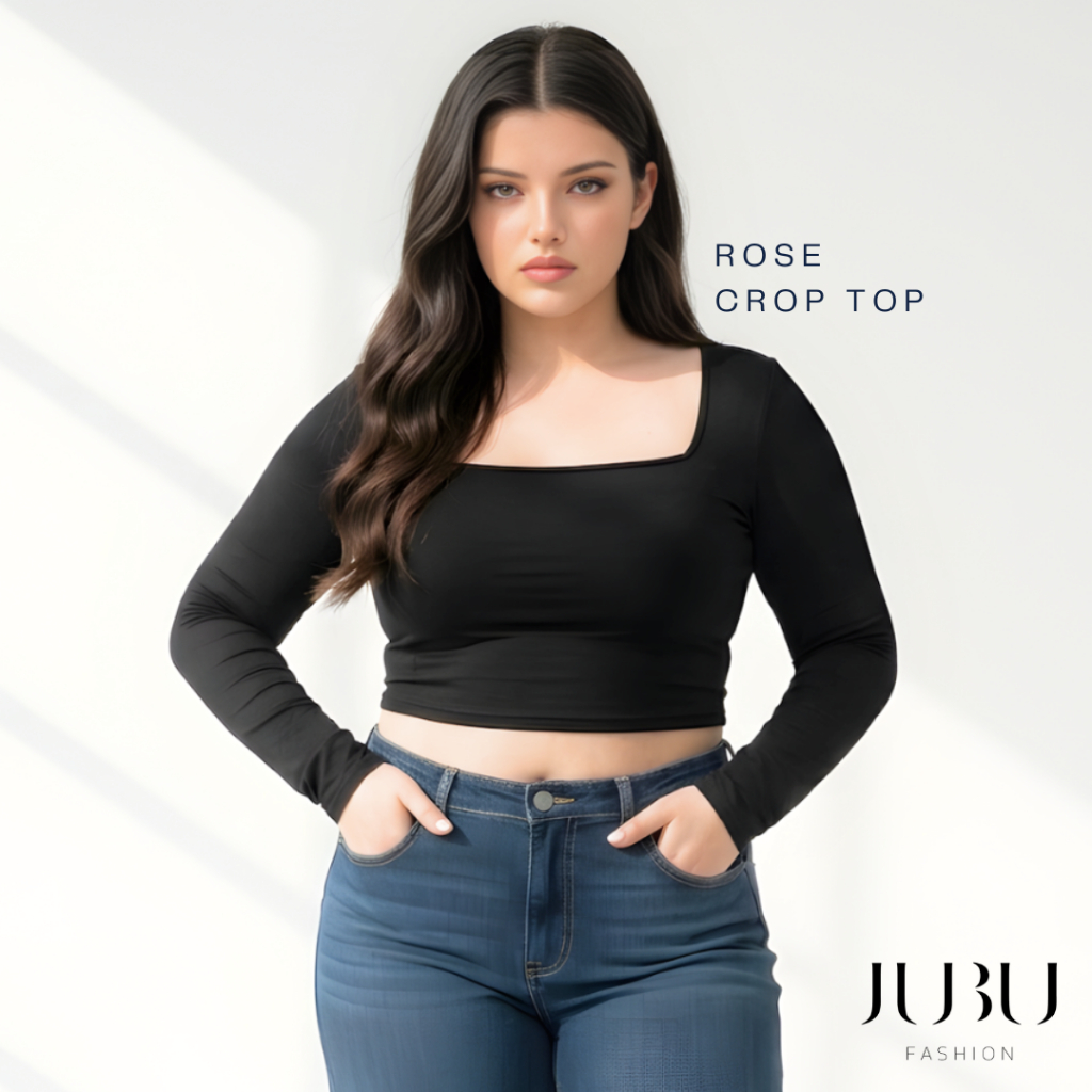 Rose Crop Top เสื้อครอปคอเหลี่ยมแขนยาว ผ้าเรย่อน เสื้อสาวอวบ อก34-50นิ้ว พร้อมส่ง#500