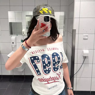 KKS✨พร้อมส่ง✨เสื้อปาดไหล่ผู้หญิง แขนสั้น ทรงหลวม สตรีทแฟชั่น ผ้าคอตตอนนุ่ม