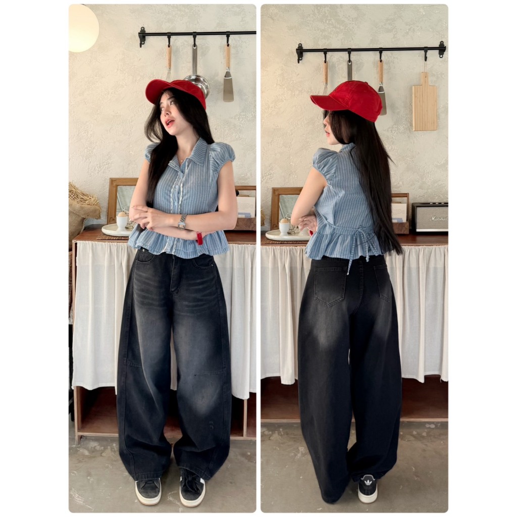 V533 กางเกงยีนส์ Barrel Jeans สีดำฟอก ผ้ายีนส์ ไม่ยืด
