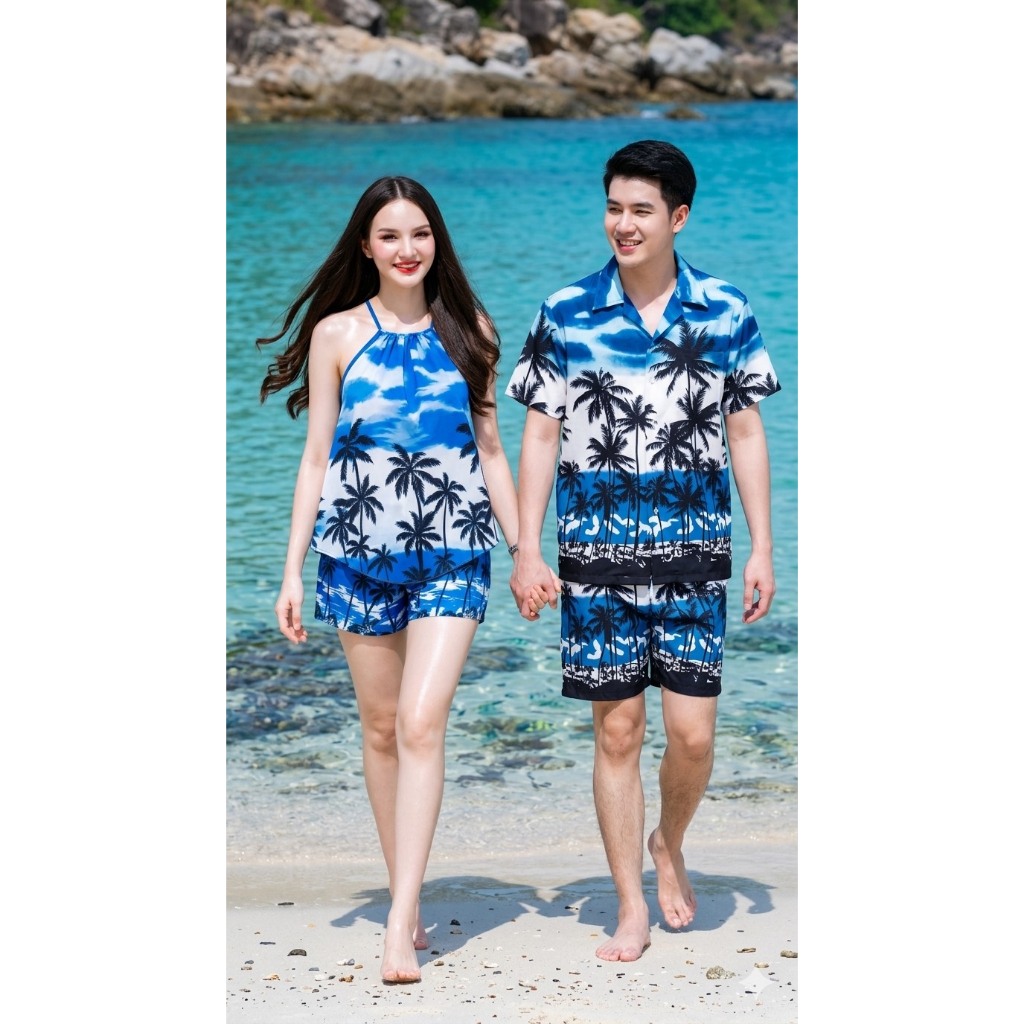 HAWAII SHIRTชุดคู่รักไปทะเล ลายมะพร้าว ชุดเซ็ตผู้ชาย ชุดเสื้อสามเหลี่ยม+กางเกงขาสั้น ราคา ถูกที่สุด ดีลบีเคเค แกลเลอรีภาพที่ 3