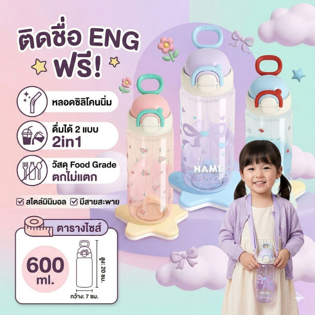 มาแรง! กระติกน้ำเด็ก 2in1 (ติดชื่อฟรี) ขวดน้ำ กระบอกน้ำ ดูดได้/กระดกได้ หลอดกดกระเด้ง เอาหลอดออกได้ 600ml.