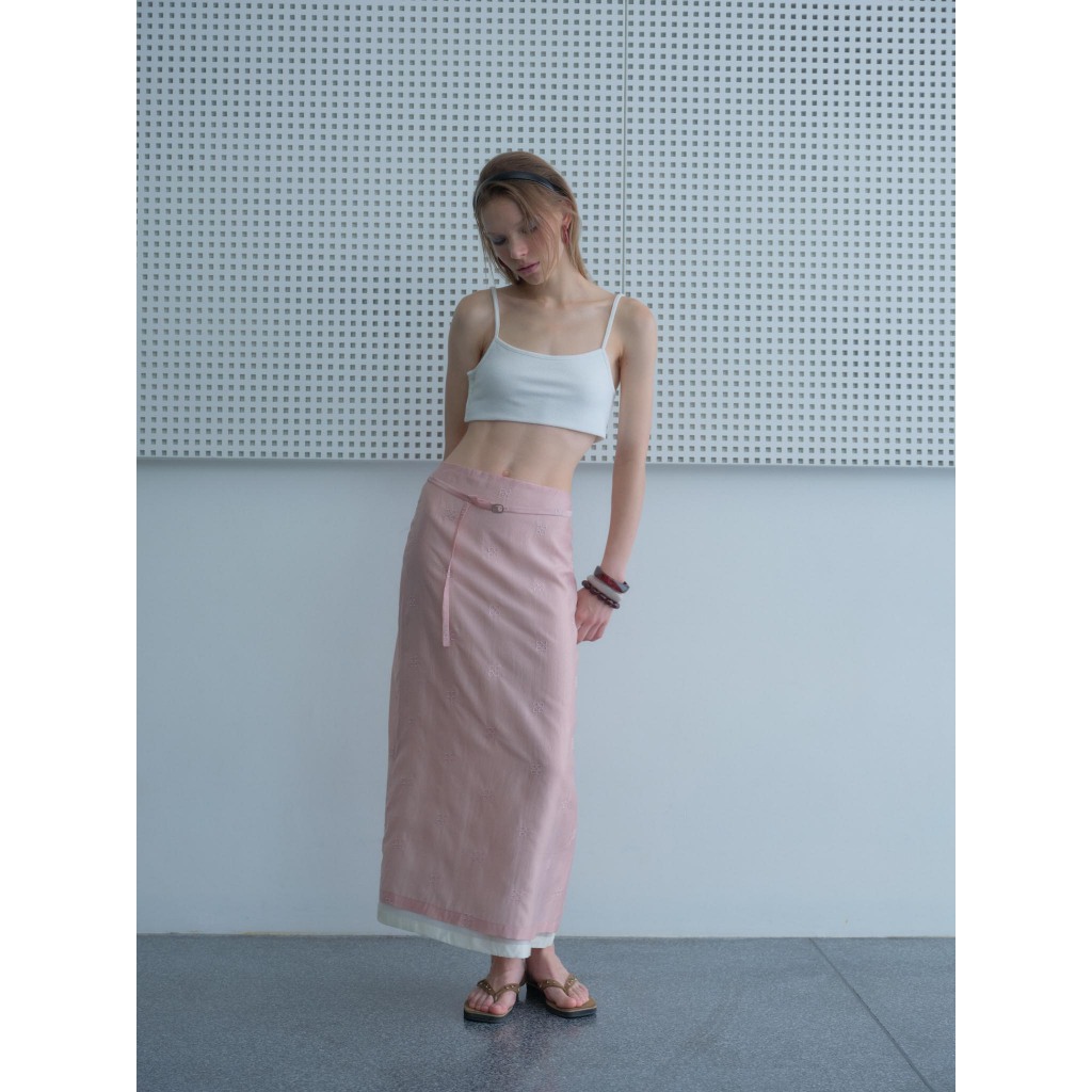 TWO-LAYERS  TRANSPARENT  MIDI SKIRT กระโปรงทูเลเยอร์ ผ้าโปร่งแสงปักลายโลโก้แบรนด์