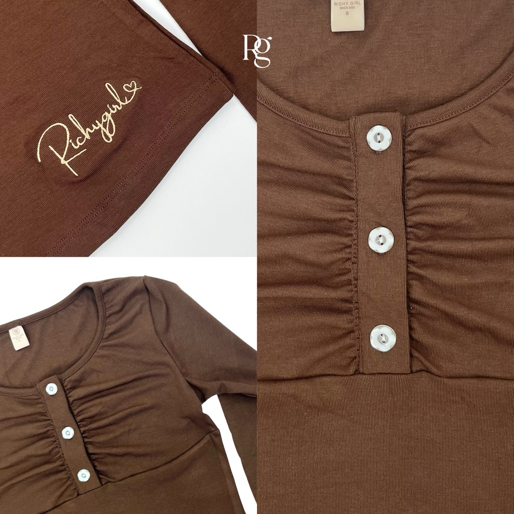 RICHYGIRL | Mellow Top เสื้อยืดแขนยาวผ้านุ่ม ใส่สบาย ยืดได้เยอะกระดุมดอกไม้ใช้งานได้ (S/M/L) ในไลฟ์1xx รูปที่ 7