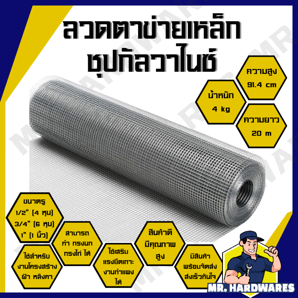 ลวดตาข่ายเหล็กสี่เหลี่ยม ชุบกัลวาไนซ์ ขนาด 1/2 นิ้ว, 3/4 นิ้ว, 1 นิ้ว ไม่ขึ้นสนิม กรงนก กรงไก่