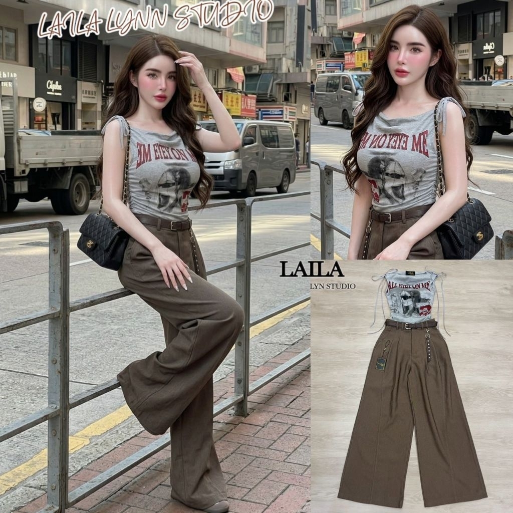 Laila Set เสื้อ+กางเกง+เข็มขัดงานเสื้อแขนกุดทรงปาดไหล่