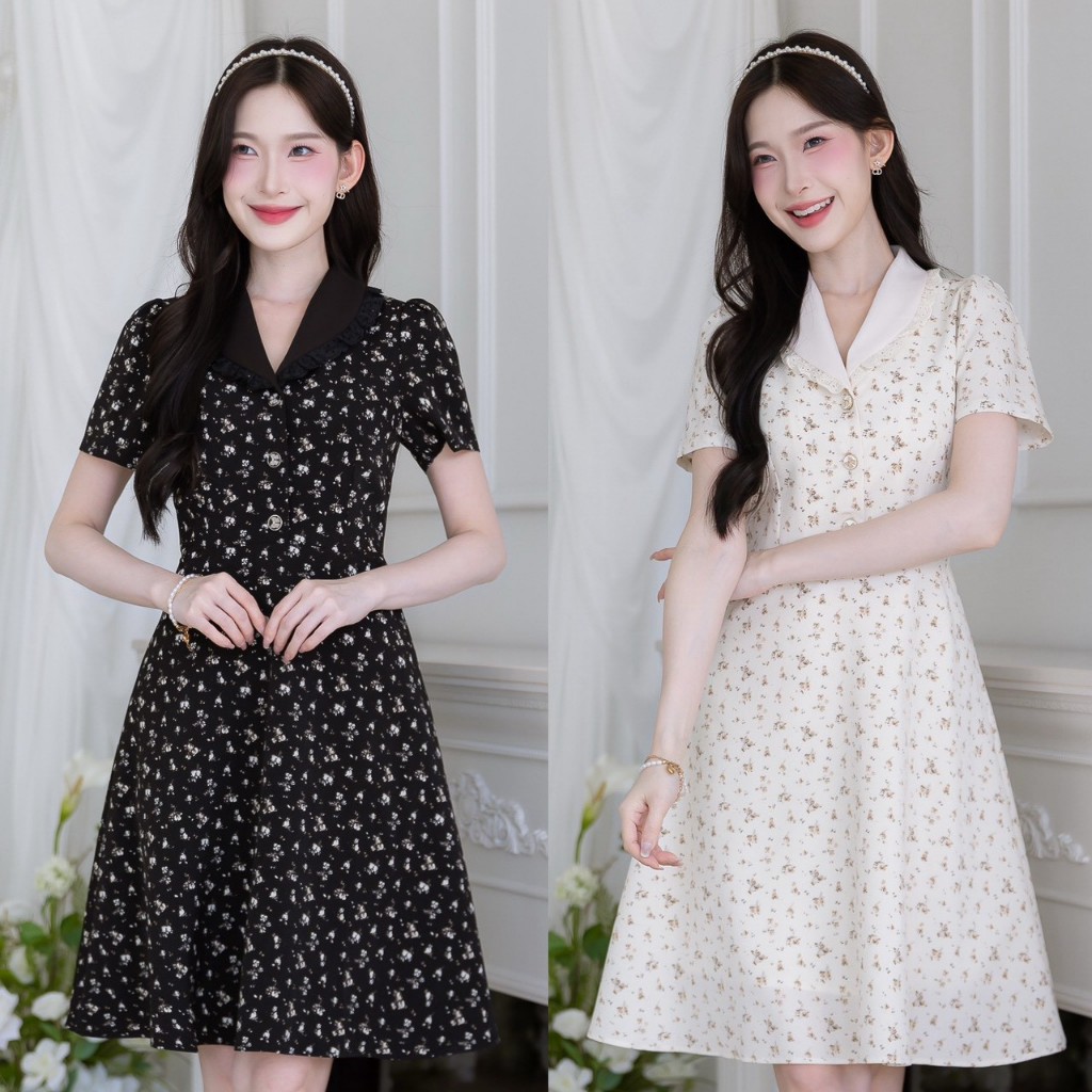เดรสคอปกลายดอก แพทเทิร์นสวยเป๊ะ งานเย็บสวยเหมือนหลักพัน เป็นผ้าลายดอกอัดกาว ช่วงปกแต่งลูกไม้สวยละมุน