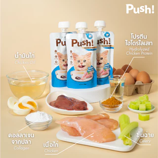 Push! อาหารแมว ซองบีบ [6/12/24 ซอง] 🔵 ไก่+น้ำซุป Complete Balance 100g เนื้อมูสนุ่ม ไม่เติมเกลือ