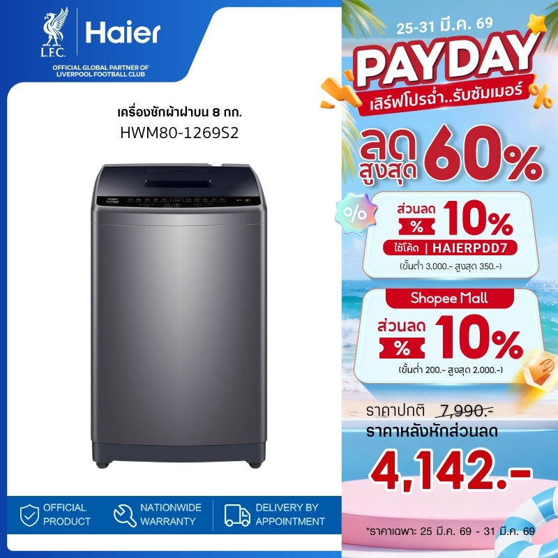 Haier เครื่องซักผ้าฝาบนอัตโนมัติ ความจุ 8 kg รุ่น HWM80-1269S2