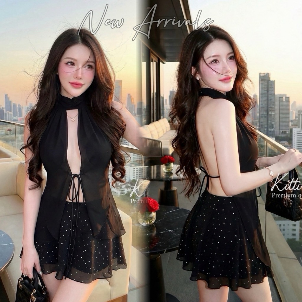 🚩ร้านโค้ดคุ้ม🚩 KITTI Set เสื้อคล้องคอ +กระโปรงแต่งกริตเตอร์ ซับในเป็นกางเกง ใส่เที่ยว ปาร์ตี้ ไปทะเล