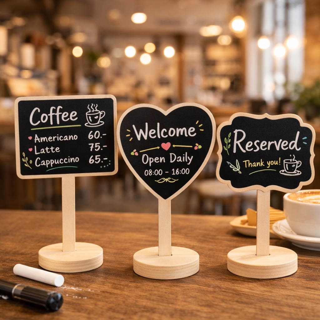 ป้ายกระดานดำตั้งโต๊ะ ป้ายเมนูคาเฟ่ ป้าย Reserved ป้าย Welcome เขียนชอล์กได้ ฐานไม้