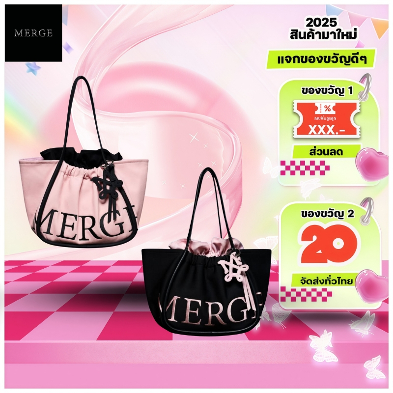 【สินค้าพร้อมส่ง】Merge A Day Bag Medium in Pink Beat Black กระเป๋า กระเป๋าถือ（ของแท้ 100 %）