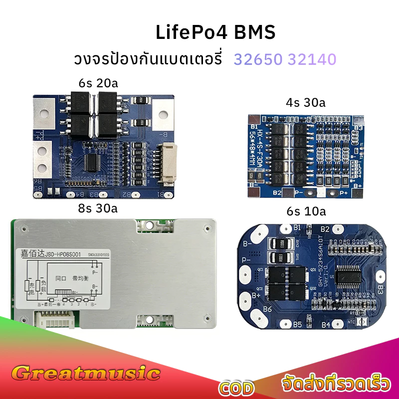 บอร์ด BMS LiFePO4 4S/6S/8S 10A/20A/30A ป้องกันแบตเตอรี่ลิเธียมฟอสเฟต 3.2V 32650 สำหรับ 12.8V 19.2V 25.6Vสเฟต