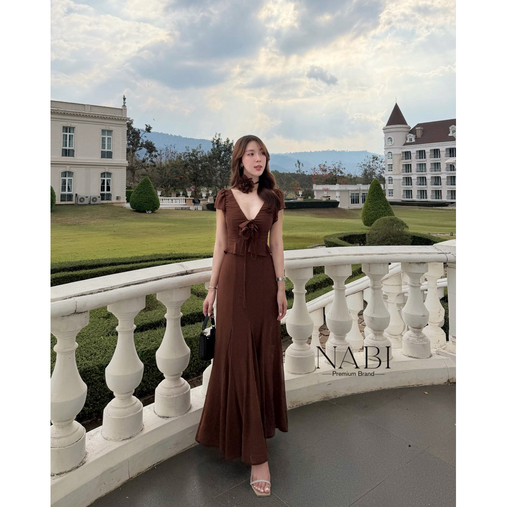 🌟dress ผ้าชีฟองทรงแขนระบายและแต่งระบายใต้อก  C-9572 (nabi)🌟