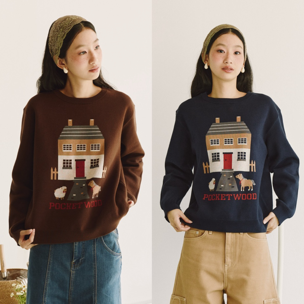 Homi Sweater [พร้อมส่ง] เสื้อสเวตเตอร์ไหมพรมแขนยาว ทอลายบ้าน