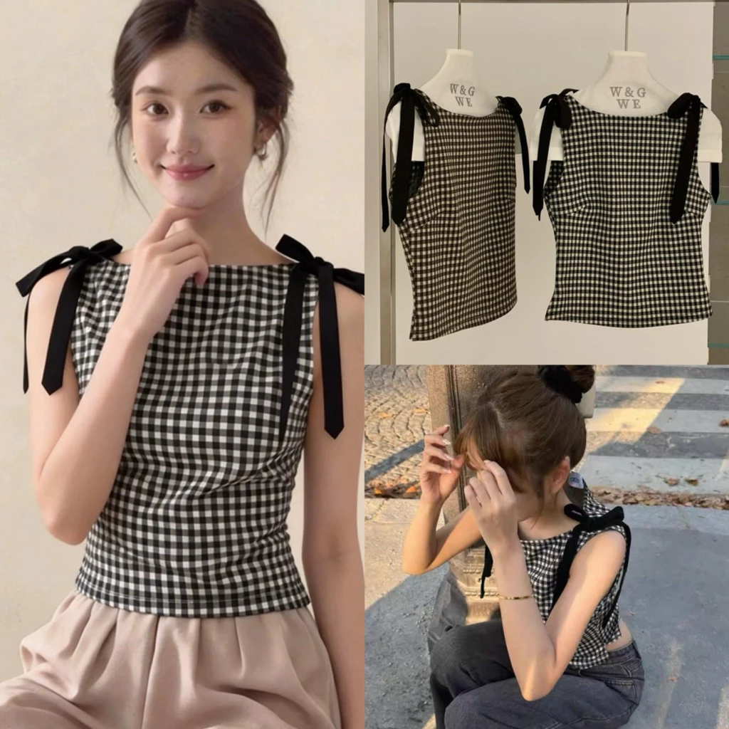 📍พร้อมส่ง📍9017# เสื้อแขนกุด ลายสกอต มีโบว์ผูกช่วงไหล่ เนื้อผ้าดี งานสวย TAG:WG.WE 🇰🇷