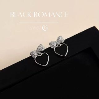 GLAMOR✨ต่างหูเงินแท้ Black Romance ต่างหูรูปหัวใจสีดำประดับโ…