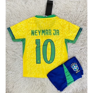 ชุดฟุตบอลเด็กสีเหลืองเบอร์10ชื่อNEYMRR JRทีมบราซิล เสื้อ+กางเกง