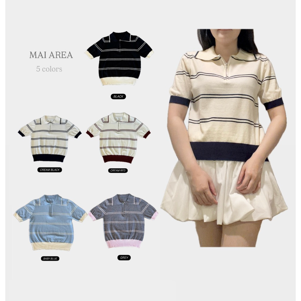 ✿MAI AREA✿ 127 เสื้อคอปกนิ่มไหมพรมลายทางเล็ก