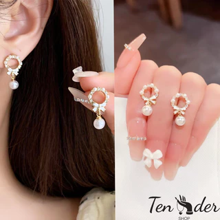 COD-ส่งเร็วจากไทย🎀ต่างหู ประดับโบว์ ประดับไข่มุก สไตล์หรูหราแสง เครื่องประดับแฟชั่น สำหรับผู้หญิง-Ten