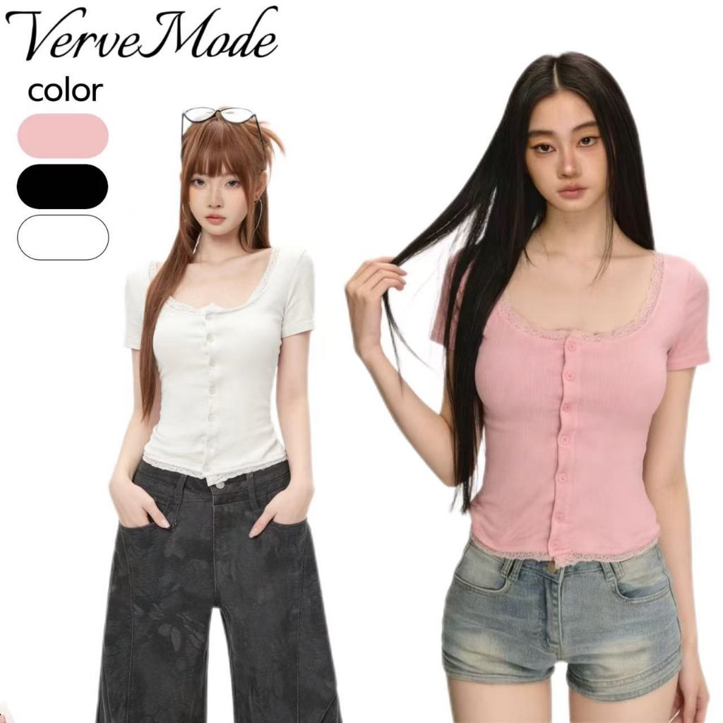 VerveMode.🍓จัดส่งในประเทศไทย🍓เสื้อแขนสั้นผ้าลูกไม้สีชมพูอ่อนทรงเข้ารูป คอวีลึก สำหรับผู้หญิง สไตล์ใหม่ฤดูร้อนปี 2026