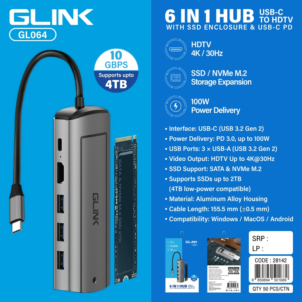Glink GL-064 USB Type-C To HDMI 4K 30Hz+PD 100W+USB3.0 รองรับ SSD/NVME M.2 ตัวแปลงสัญญาณ Hub 6 In 1