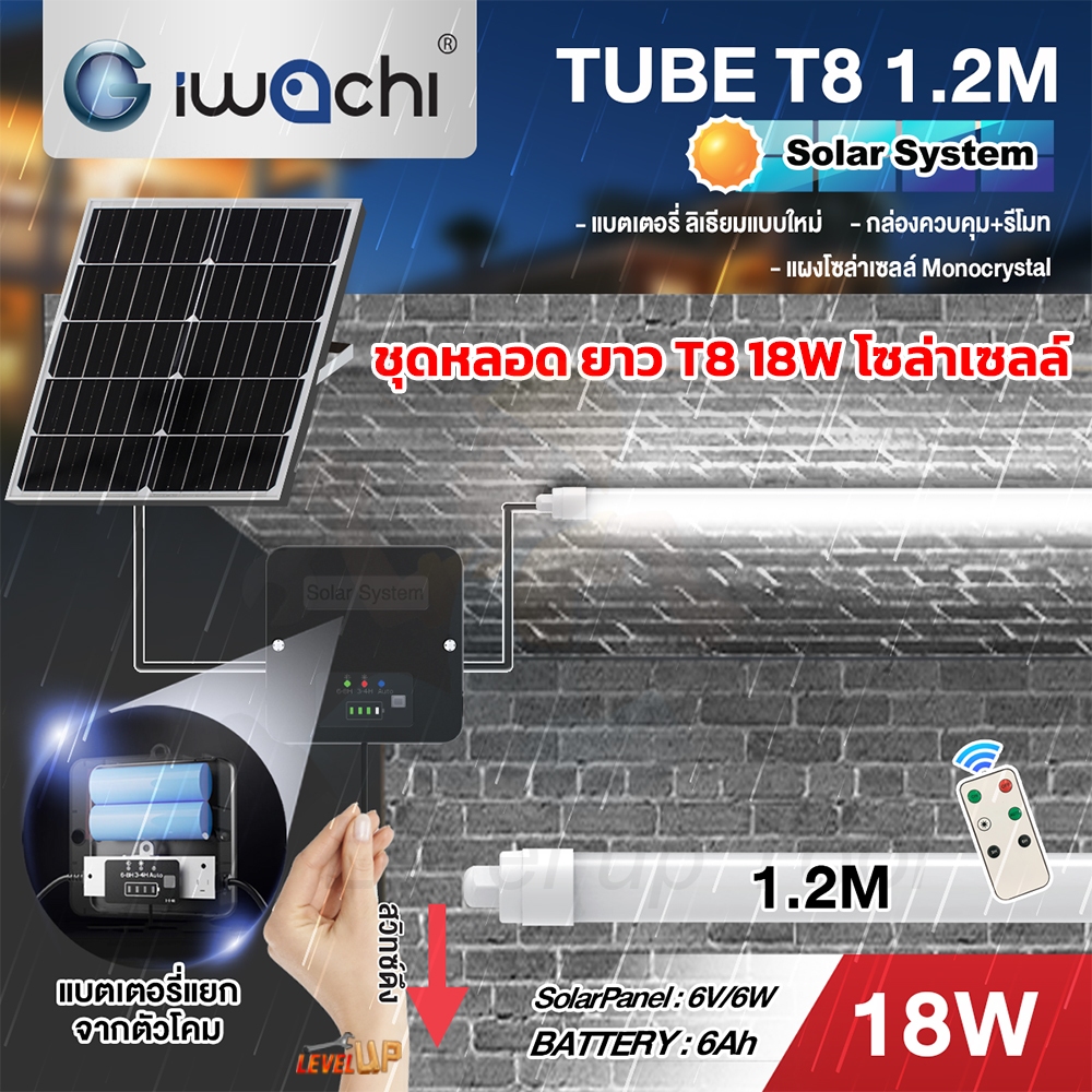 Level**มาแรงตัวสว่าง**IWACHI ชุดหลอด T8 โซล่าเซลล์ 18W system IWC-TUBE-SOLAR-SYSTEM-T8-1.2M-18W-WH ไฟถนนโซล่าเซลล์