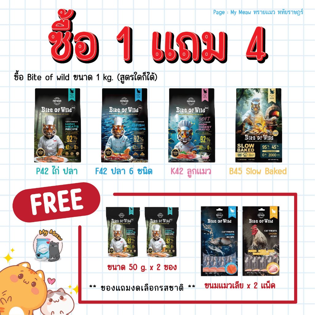 🔥 1 แถม 4 สุดคุ้ม 🔥 Bite of Wild 1 kg. ไบต์ออฟไวด์ อาหารแมว Holistic Grain Free อาหารเม็ดผสมฟรีซดราย