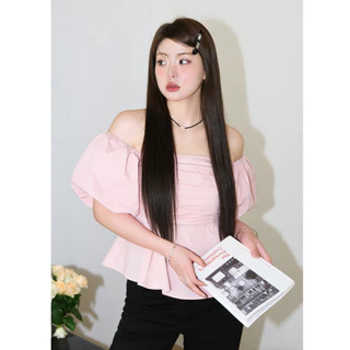 Elly พร้อมส่ง🦄งเสื้อเปิดไหล่ เสื้อครอปแขนพอง🦄เสื้อครอป เสื้อปาดไหล่ ชุดไปทะเลผ้าร่องน่ารัก sexy lady เรียบหรู