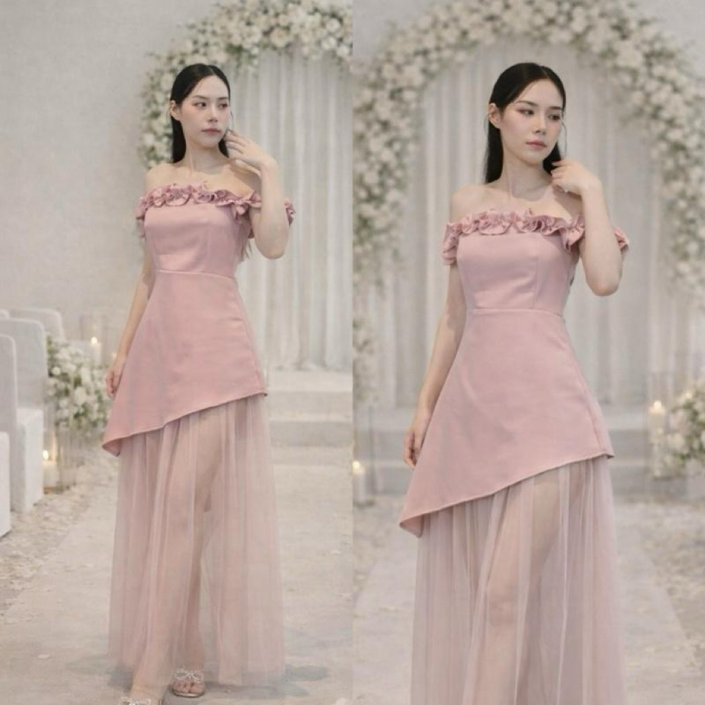 (งานไซส์ S-XL) J04 Calla Dress เดรสยาวเกาะอกปาดไหล่ กระโปรงมุ้งยาวนิ่ม สไตล์งานแต่งงาน งานทางการ ส่งไว พร้อมส่ง