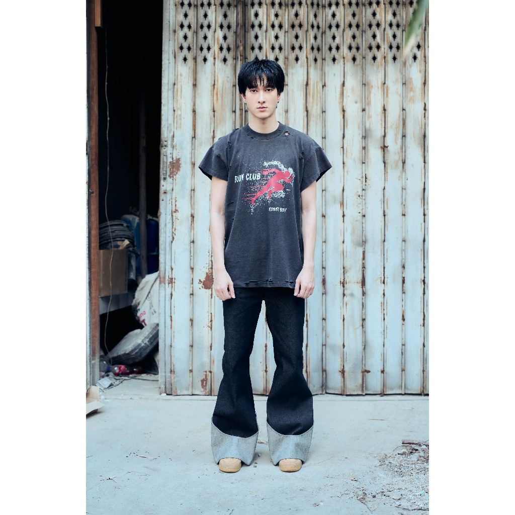 HOBBY BOY - JUST RUN เสื้อแขนกุด ขาดรู ( แขนปีกนก ) คอฟิต สีดำเฟด