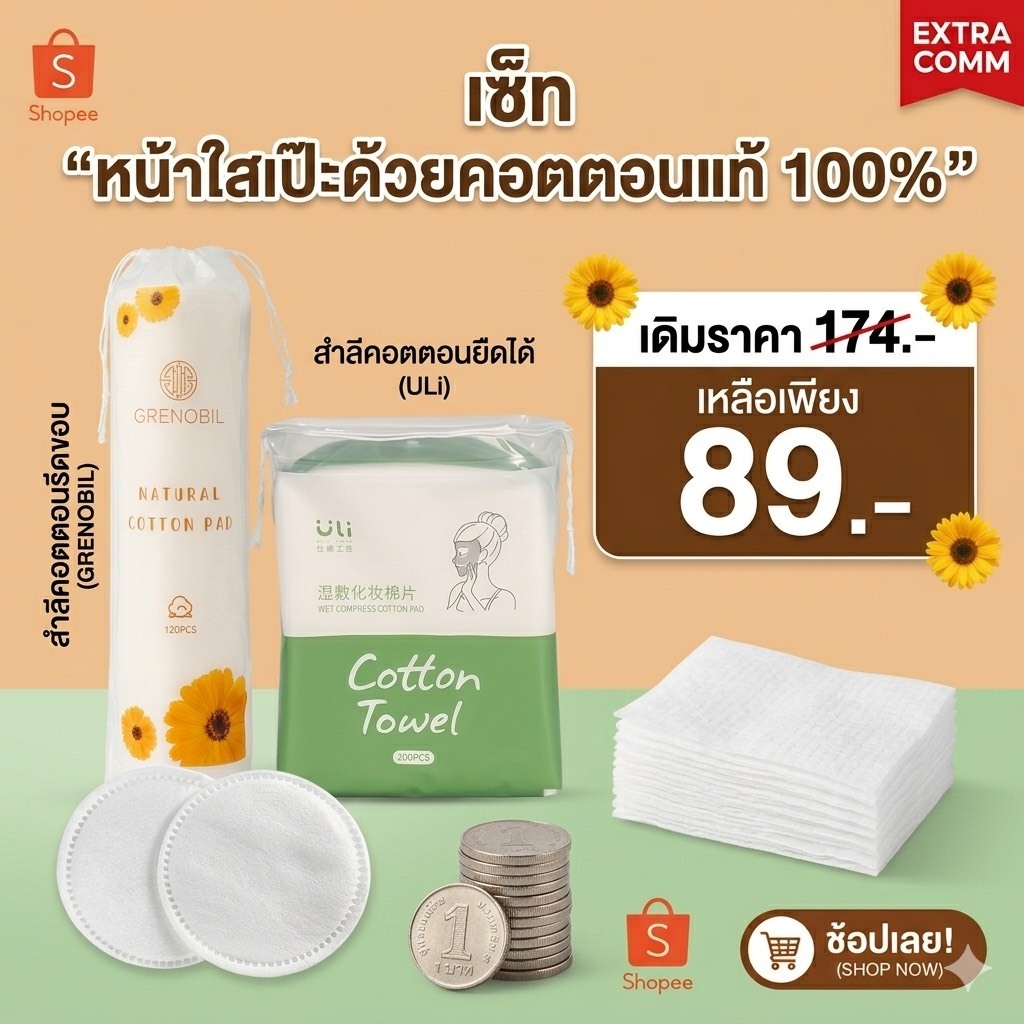 เซ็ตสำลียืดได้(1)+สำลีวงกลมรีดขอบ(1) เช็ดหน้า มาส์กหน้า ตัวฮิตในกระแส ทำจากคอตตอน100% อ่อนโยน ไร้สารเคมี