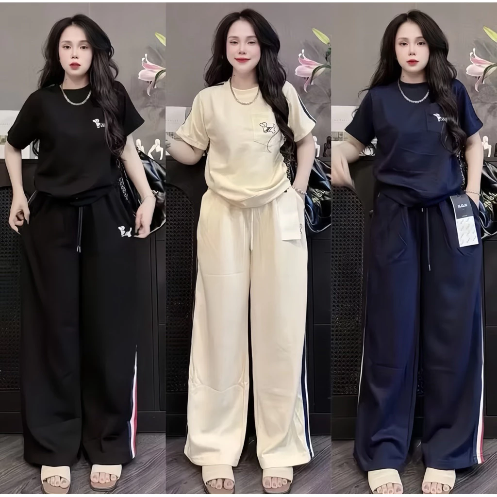 set 2ชิ้น งานปักน้องหมาแต่งแถบข้าง คอกรมผ้าวูลเวฟ สาวอวบใส่ได้