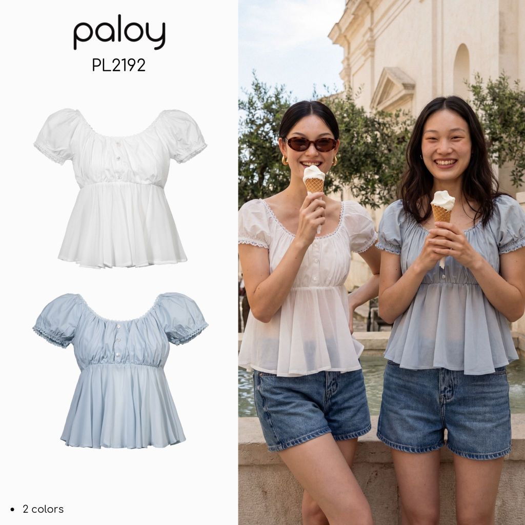 Paloy – PL2192 Belle เสื้อแขนตุ๊กตาคอลูกไม้ แต่งกระดุมมุก (Endless Summer) – โปรปัง