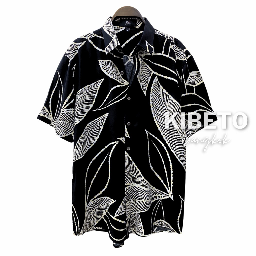 Kibeto เสื้อฮาวาย ลายใบไม้ใหญ่ สีดำ/ขาวเหลือง ผ้าสปันเรยอน เนื้อนิ่ม ใส่สบาย M L XL 2XL 3XL