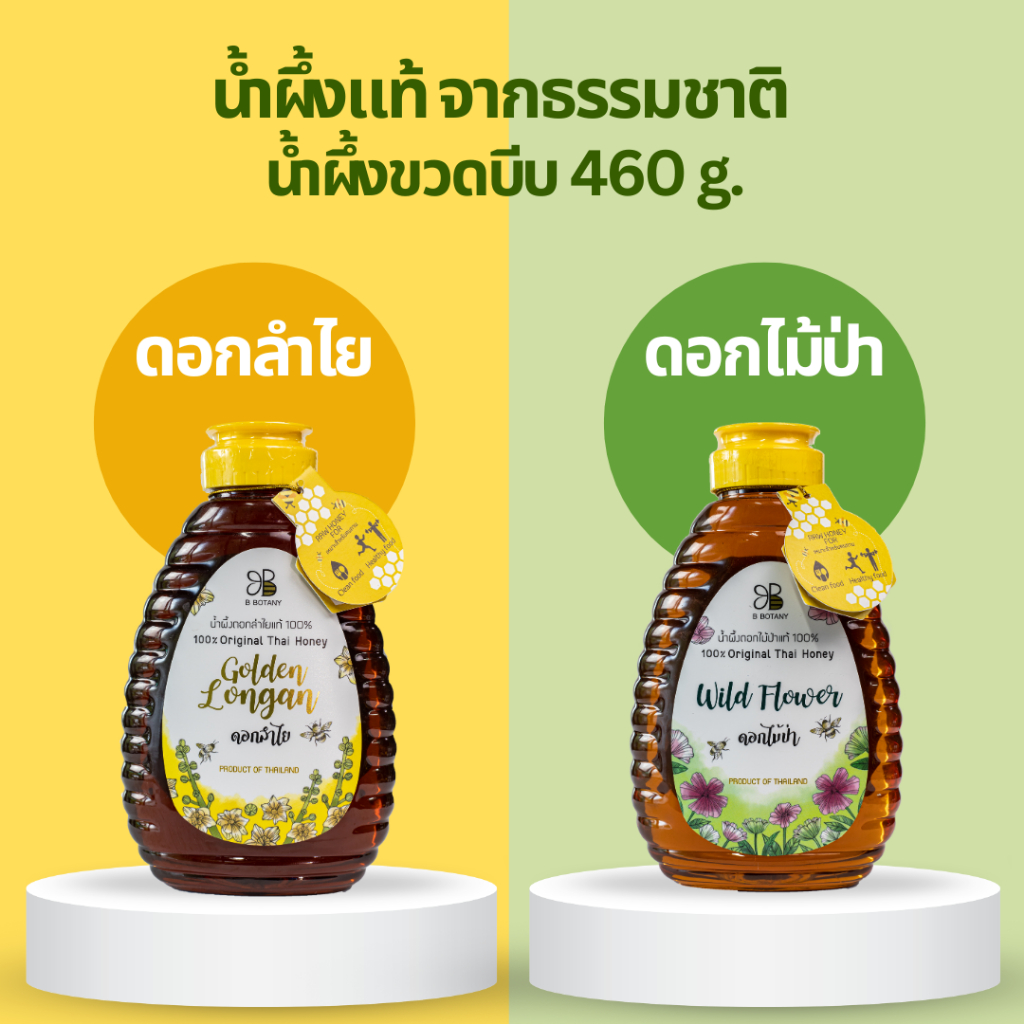 น้ำผึ้งแท้ 100% น้ำผึ้งดอกไม้ป่า น้ำผึ้งดอกลำไย ขนาด 460g น้ำผึ้งขวดบีบ ตรา B BOTANY