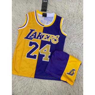 ชุดบาสเก็ตบอลเด็กสีเหลืองน้ำเงินเบอร์24สกรีนชื่อBRYANTเสื้อ+…