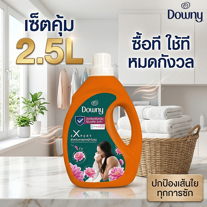 Downy XL ดาวน์นี่ ตากในที่ร่ม น้ำยาปรับผ้านุ่ม สูตรเข้มข้นพิเศษ แบบเติม 2.5 ลิตร   หอมติดทนนาน