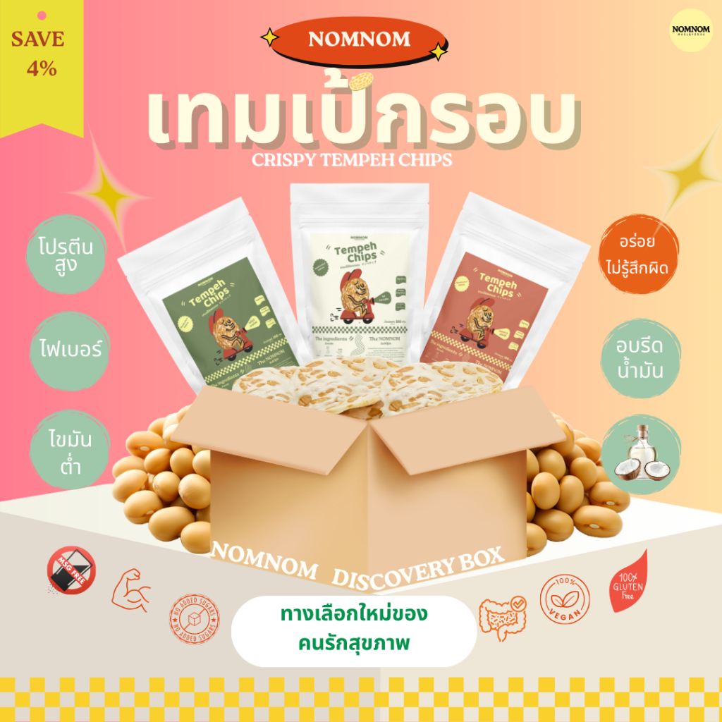 NOMNOM เทมเป้กรอบ เทมเป้ชิป Tempeh Chips ถั่วเหลืองกรอบ เซตรวมทุกรสชาติ 40g * 3