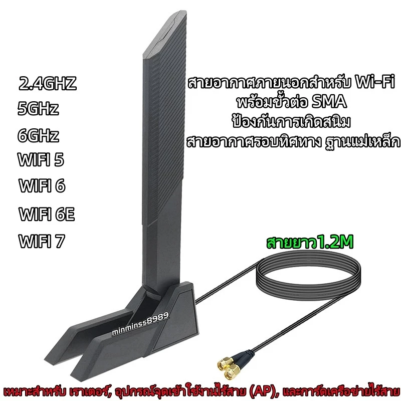 เสาอากาศแม่เหล็กภายนอก SMA เสริมสัญญาณ2.4G/5G/6G รองรับ WiFi6E/WIFI7 สำหรับB660 H670 M13H Z690 พร้อมสายต่อ