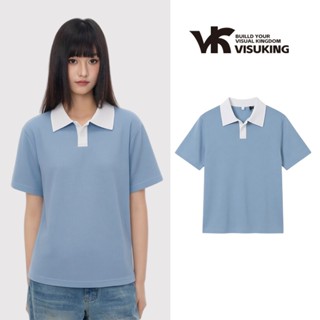 VISUKING เสื้อโปโลผู้หญิงลายวาฟเฟิลแขนสั้น ดีไซน์คอปกตัดสีทั…