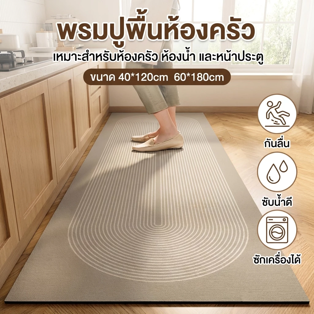【พร้อมส่ง】HM พรมปูพื้น พรมปูพื้นห้องครัว มินิมอล ดูดซับน้ําได้ดี กันลื่น แห้งไว ทำความสะอาดง่าย ทำความสะอาดง่าย 40*120cm