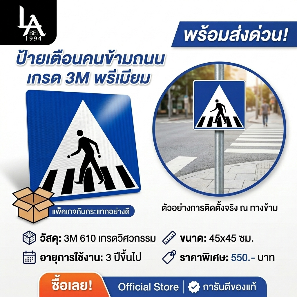 Label1994 ป้ายคนข้ามทางม้าลาย [สะท้อนแสง 3M/ประกันสี 6 ด.] ป้ายเตือนจราจรมาตรฐาน กันน้ำทนแดด 5 ปี ส่งฟรี