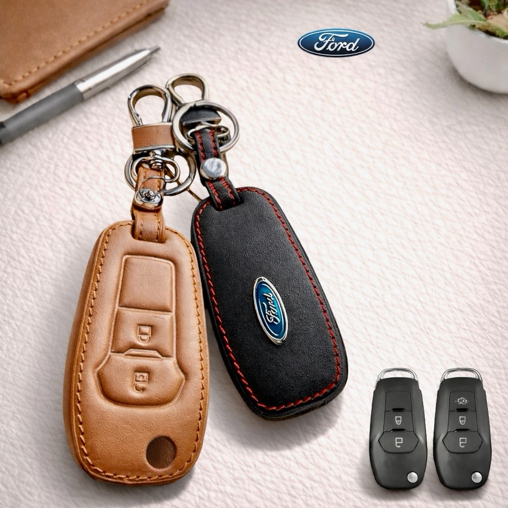 ซองหนังแท้ใส่กุญแจรีโมทรถยนต์ Ford Ranger,Everest 2015-21 รุ่นหนังนิ่ม โลโก้-ฟ้า