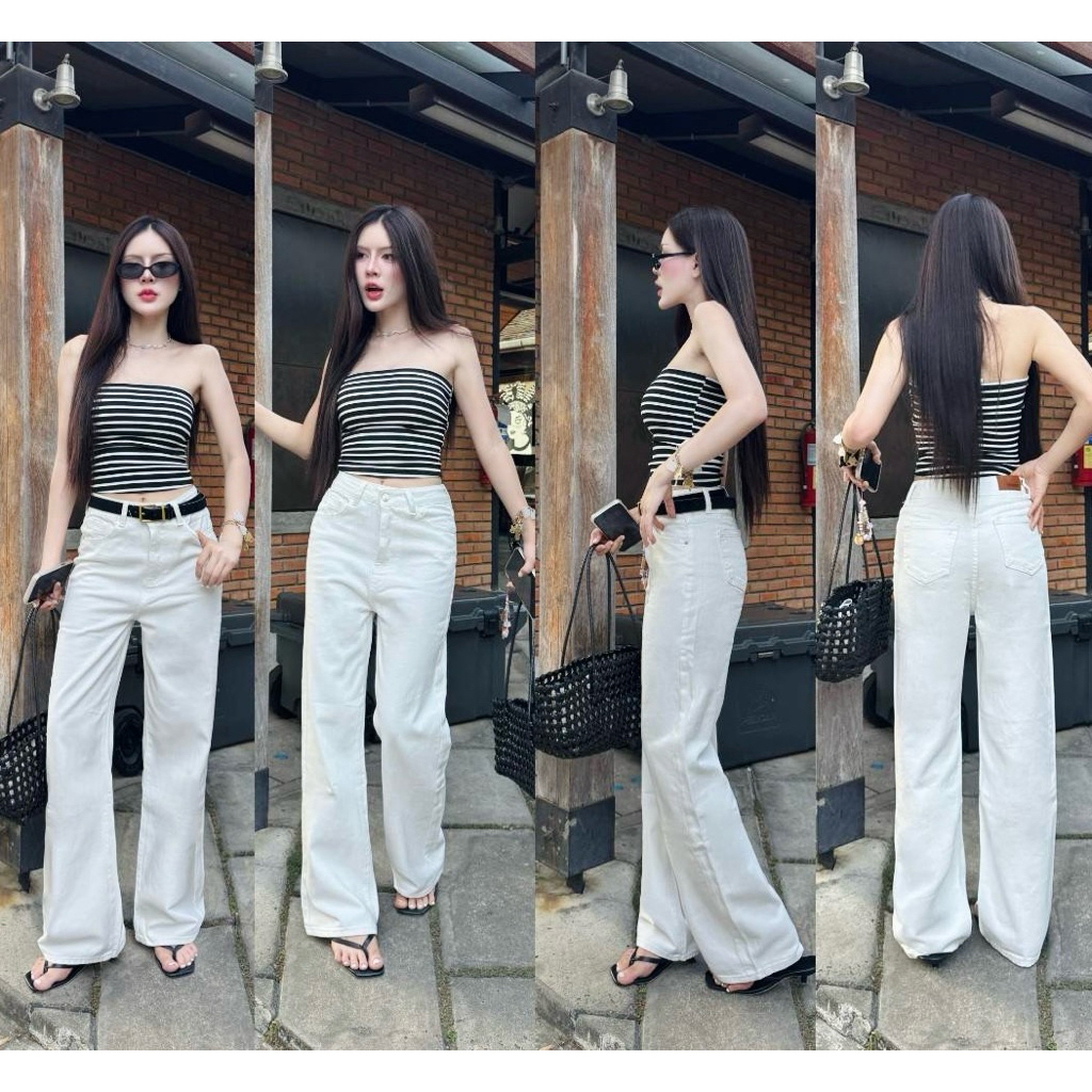 กางเกงยีนส์ขากระบอกสีขาว ป้ายวินเทจแท้