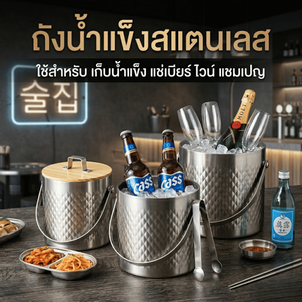 ถังน้ำแข็งสแตนเลส แบบสองชั้น ฝาปิดแน่น(มียางซีล) เก็บเย็นได้นาน ใช้สำหรับ เก็บน้ำแข็ง แช่เบียร์ ไวน์ แชมเปญ ฯลฯ พร้อมส่ง