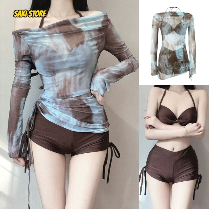 Saki Swimwear ชุดบิกินี่พร้อมเสื้อคลุมกันแดด ชุดว่ายน้ำสำหรับผู้หญิง เซต 3ชิ้น แบบใหม่ รุ่น SW-9140