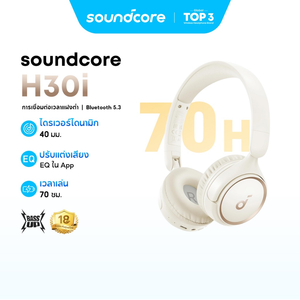 ANKER Soundcore H30i headphone หูฟังบลูทูธไร้สาย headphone Bassup หูฟังตัดเสียงรบกวน หูฟังไร้สาย คอยล์ไดนามิก 40มม A3012