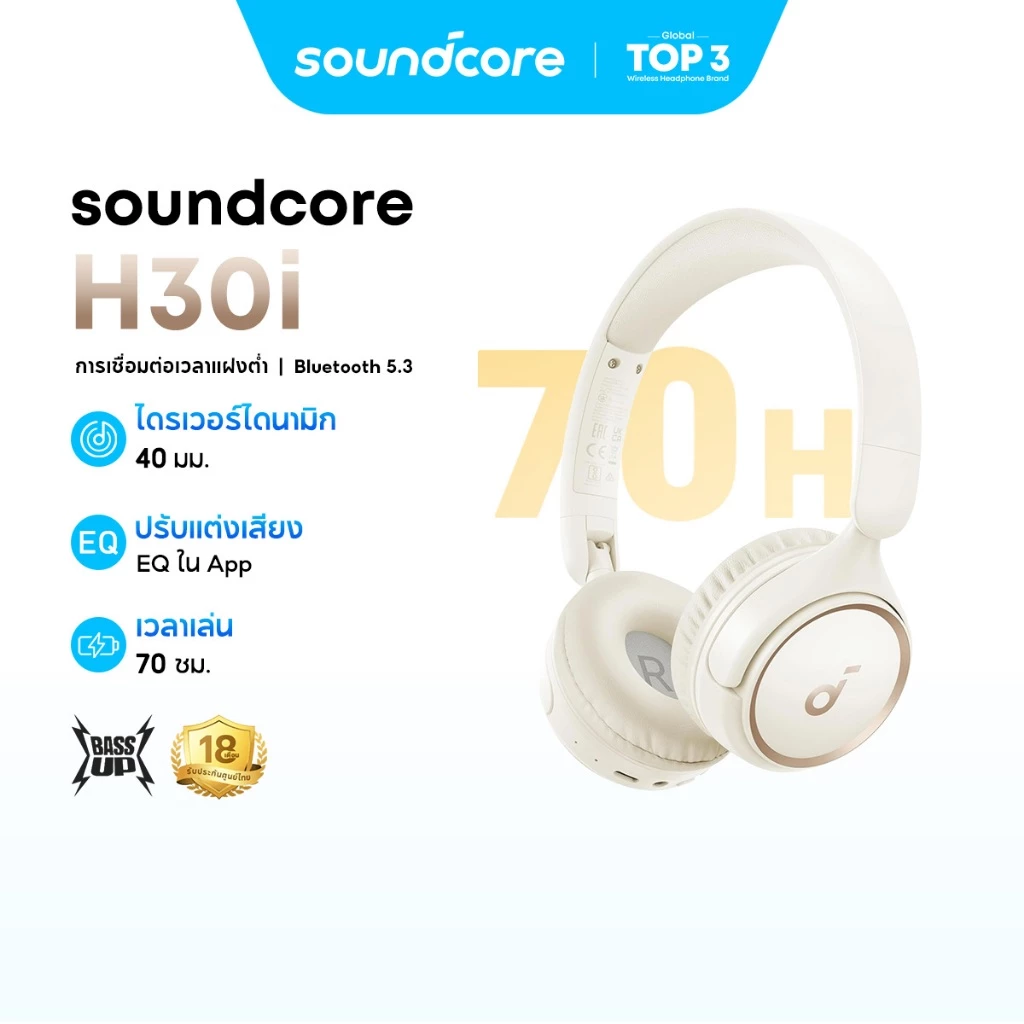 ANKER Soundcore H30i headphone หูฟังบลูทูธไร้สาย headphone Bassup หูฟังตัดเสียงรบกวน หูฟังไร้สาย คอยล์ไดนามิก 40มม A3012
