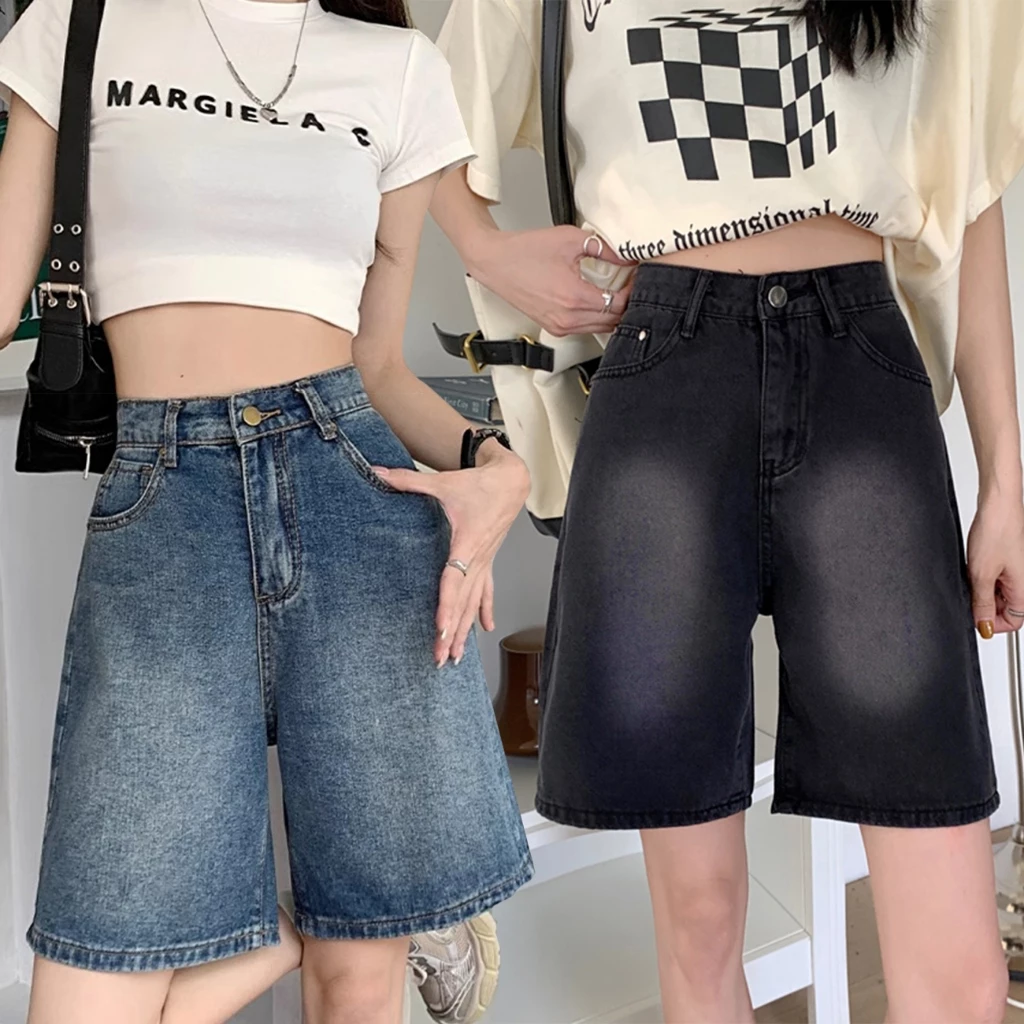 S~5XL MINI shorts jeans Dark grey กางเกงยีนส์ขาสั้นไล่สีสไตล์เรโทร กางเกงยีนส์ขาสั้นทรงตรงเอวสูงเนื้อบางสำหรับใส่ลำลองใน