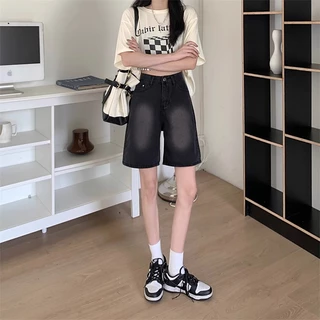 S~5XL MINI shorts jeans Dark grey กางเกงยีนส์ขาสั้นไล่สีสไตล์เรโทร กางเกงยีนส์ขาสั้นทรงตรงเอวสูงเนื้อบางสำหรับใส่ลำลองใน